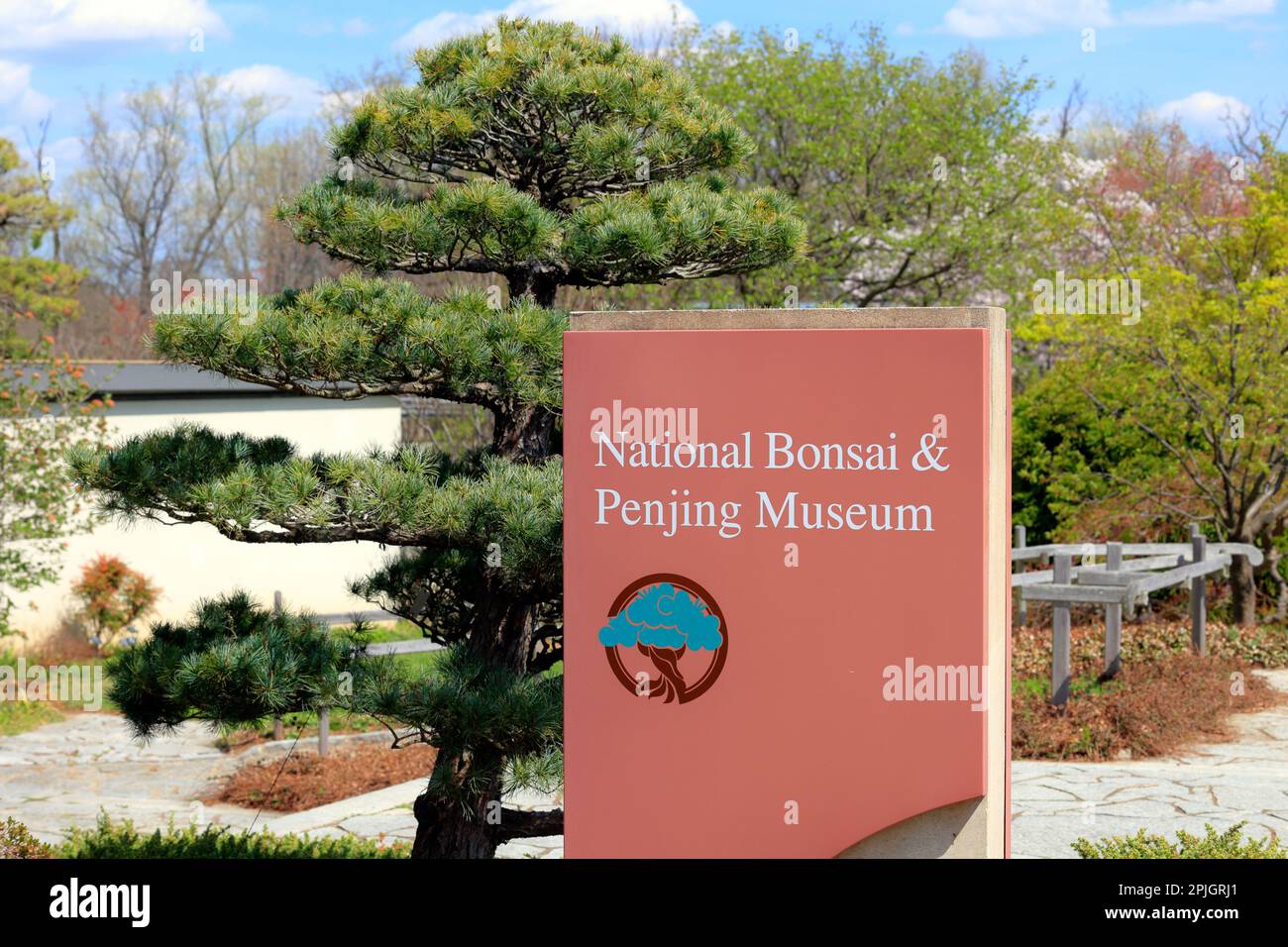 Beschilderung für das National Bonsai and Penjing Museum im US National Arboretum, Washington DC. Stockfoto