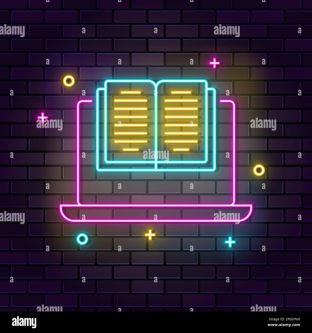 Digital Lirary, Neon-Symbol für Laptop. Neonsymbol für Bildung auf dunklem Backsteinhintergrund Stock Vektor