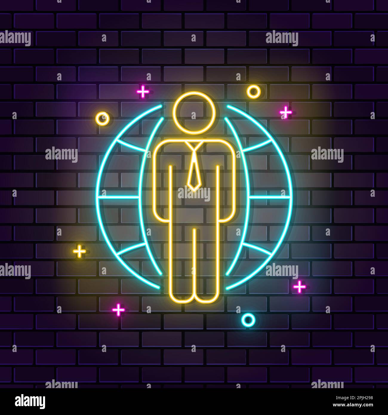 Global Business man – Neon-Symbol. Neonsymbol für Bildung auf dunklem Backsteinhintergrund Stock Vektor