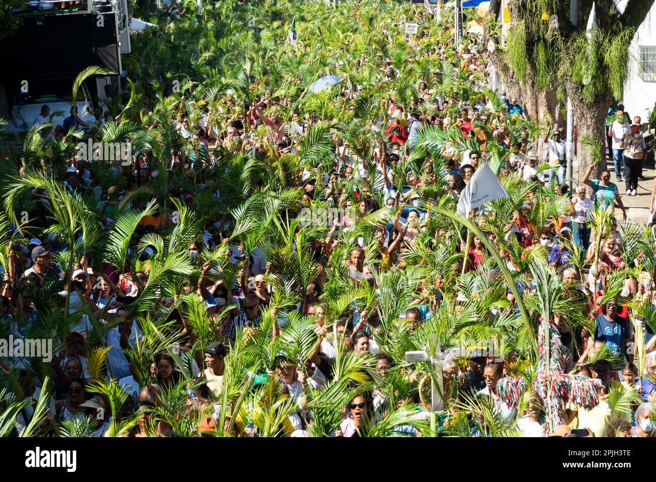 Salvador, Bahia, Brasilien - Abril 02, 2023: Menschenmassen katholischer Gläubiger winken Palmenzweige während der Palmensonntagsprozession in Salvador, Bahia. Stockfoto