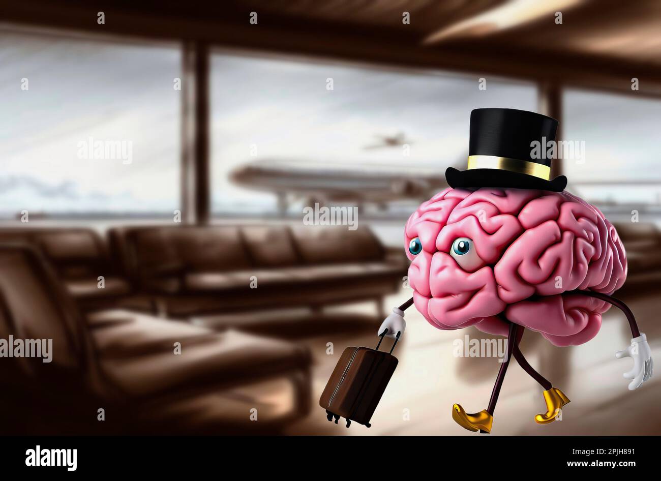 Metapher des Brain Drain. Ein süßes Gehirn im Wartezimmer eines Flughafens, bereit zum Abflug. Stockfoto