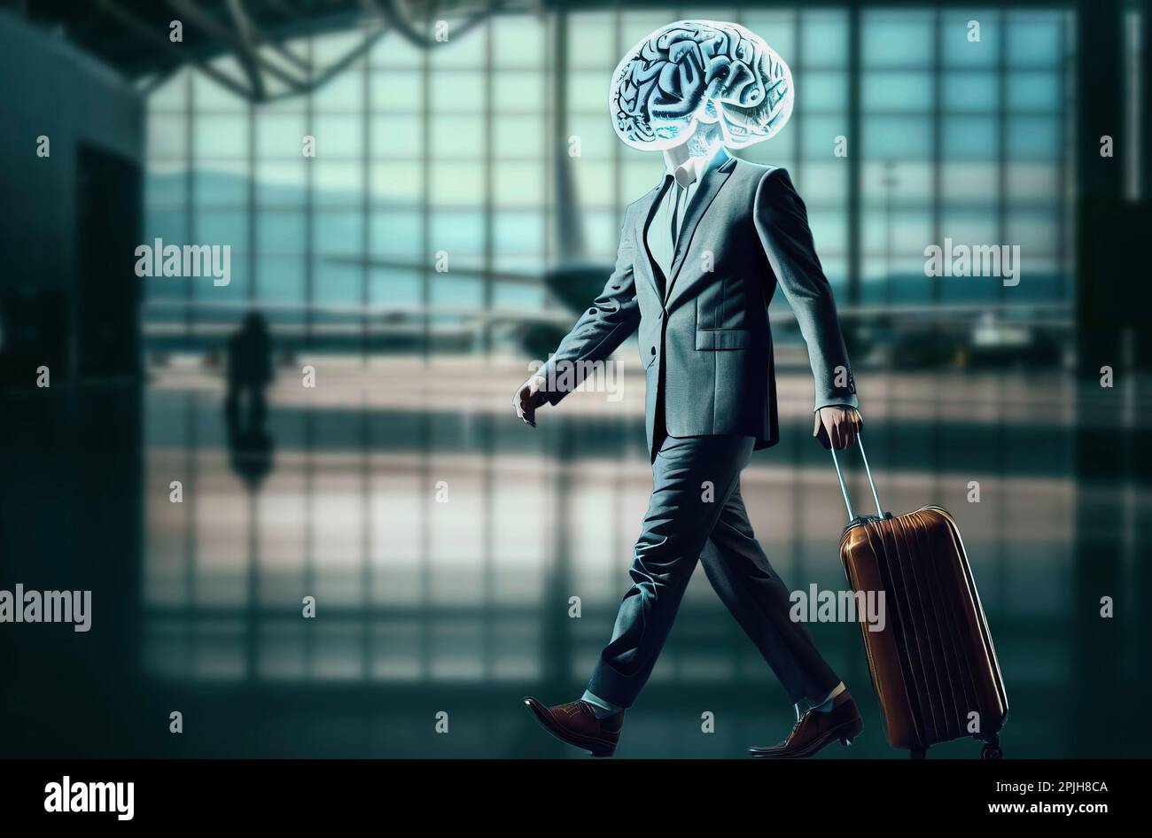 Metapher des Brain Drain. Ein elegantes Gehirn im Warteraum eines Flughafens, der abreisen will. Stockfoto