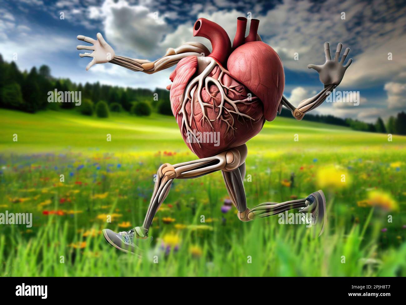 Trainiere dein Herz, ein konzeptionelles Bild eines Herzens, das auf einer wunderschönen Wiese joggt. Stockfoto