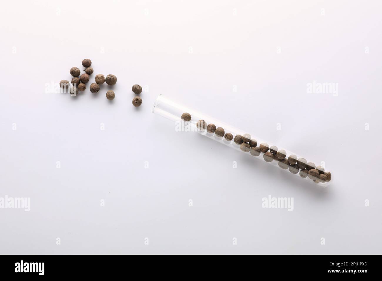 Glasröhrchen mit Nelkenpfefferkörnern auf weißem Hintergrund, Draufsicht Stockfoto