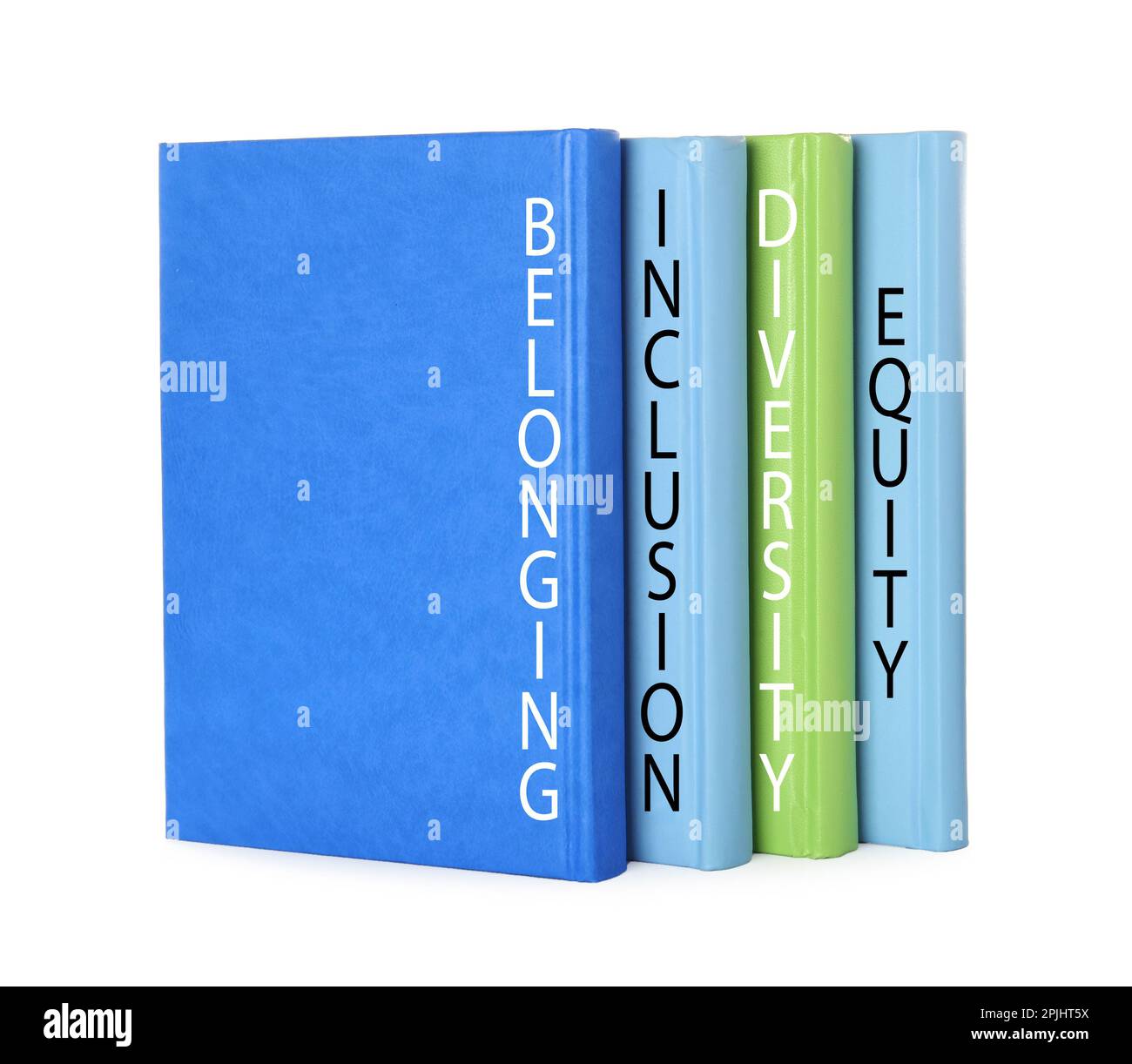 Farbenfrohe, gebundene Bücher mit den Wörtern „Zugehörigkeit“, „Vielfalt“, „Gleichheit“ und „Inklusion“ auf weißem Hintergrund Stockfoto