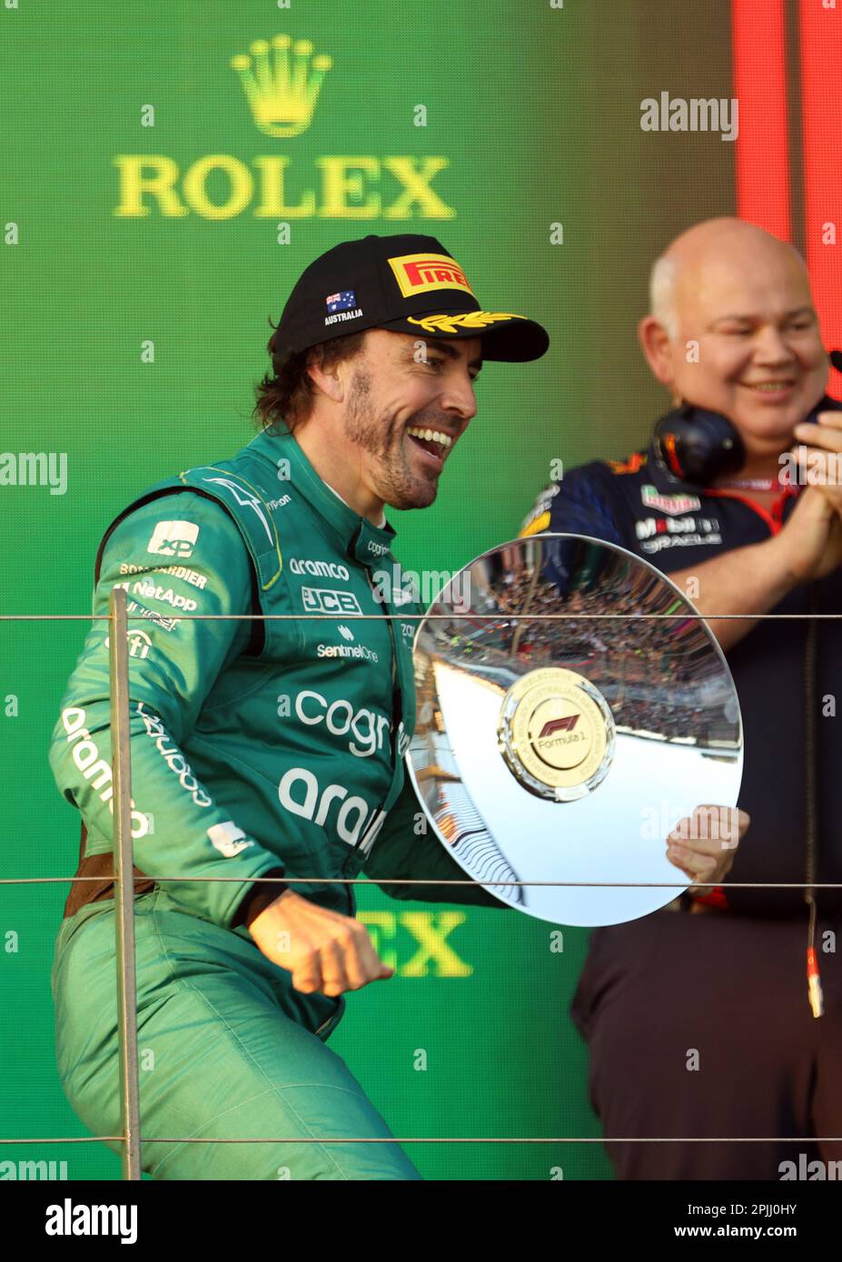 Melbourne, Australien. 02. April 2023. MELBOURNE, Australien, 2. APRIL 2023; PODIUMSFEIER #14, Fernando ALONSO, ESP, Aston Martin Formel 1 Team während des AUSTRALISCHEN Formel 1 Grand Prix am 2. April 2023, Albert Park - Melbourne, FIA Formula1 World Championship, Raceday, Formel 1 Rennen in Australien, Motorsport, F1 GP, Honorarpflichtiges Foto, gebührenpflichtiges Bild, Copyright © Clay CROSS/ATP images (CROSS Clay/ATP/SPP) Kredit: SPP Sport Press Photo. Alamy Live News Stockfoto