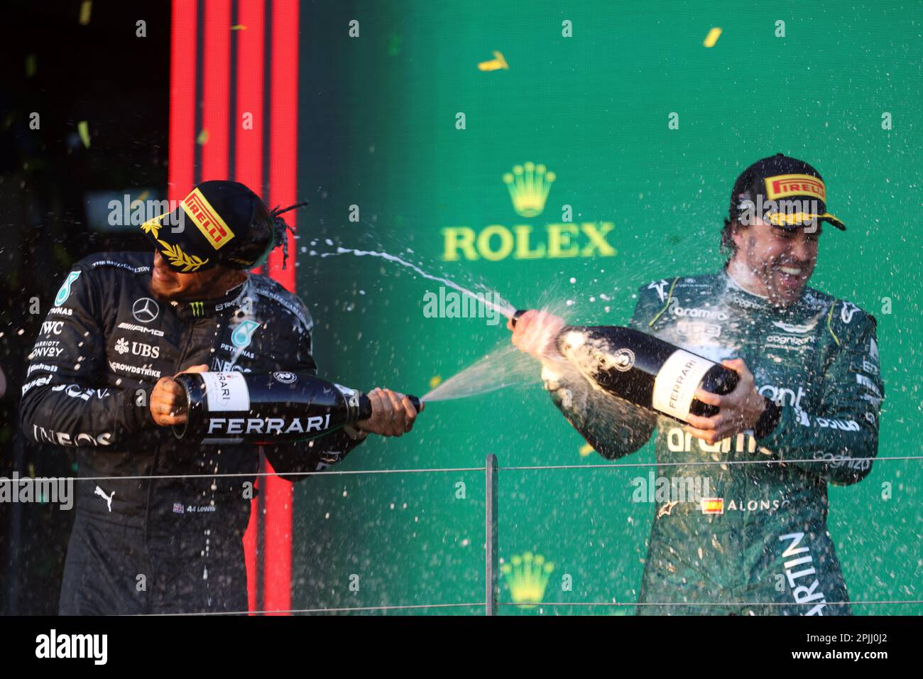 Melbourne, Australien. 03. April 2023. MELBOURNE, Australien, 2. APRIL 2023; Nr. 44, Lewis HAMILTON, GBR, Mercedes AMG F1 Team, PODIUMSFEIER, Zweitplatzierter, Nr. 14, Fernando ALONSO, ESP, Aston Martin Formel 1 Team, AUSTRALIAN Formula One Grand Prix am 2. April 2023, Albert Park - Melbourne, FIA Formula1 World Championship, Raceday, Formel 1 Rennen in Australien, Motorsport, F1 GP, Honorarpflichtiges Foto, gebührenpflichtiges Bild, Copyright © Clay CROSS/ATP images (CROSS Clay/ATP/SPP) Kredit: SPP Sport Press Photo. Alamy Live News Stockfoto