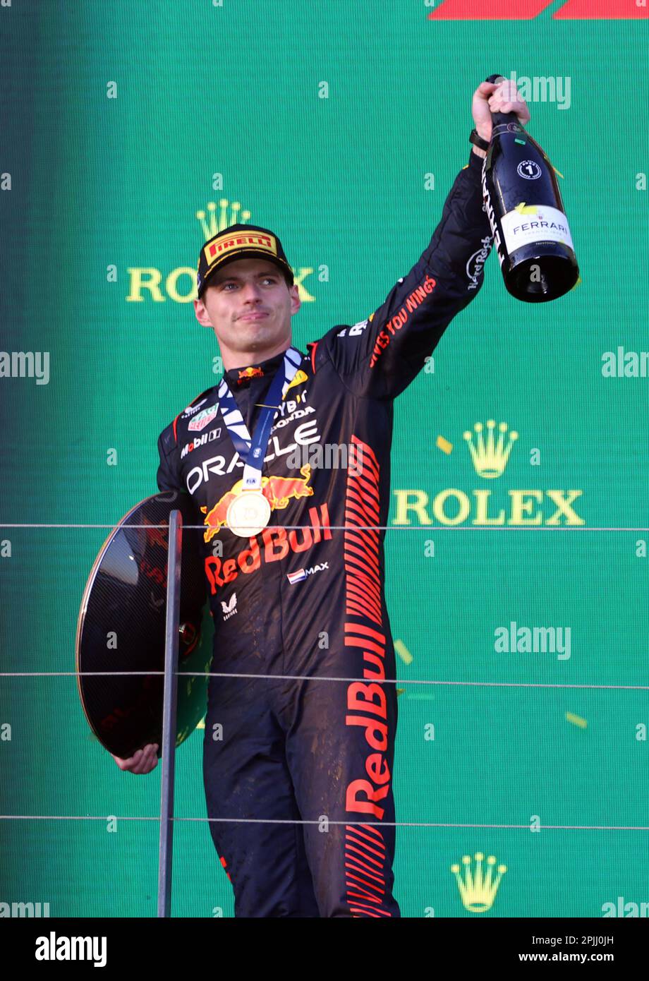 Melbourne, Australien. 03. April 2023. MELBOURNE, Australien, 2. APRIL 2023; PODIUM, Rennsieger Nr. 1, Max VERSTAPPEN, NDL, Oracle Red Bull Racing während des AUSTRALISCHEN Formel 1 Grand Prix am 2. April 2023, Albert Park - Melbourne, FIA Formula1 World Championship, Raceday, Formel 1 Rennen in Australien, Motorsport, F1 GP, Honorarpflichtiges Foto, gebührenpflichtiges Bild, Copyright © Clay CROSS/ATP images (CROSS Clay/ATP/SPP) Kredit: SPP Sport Press Photo. Alamy Live News Stockfoto