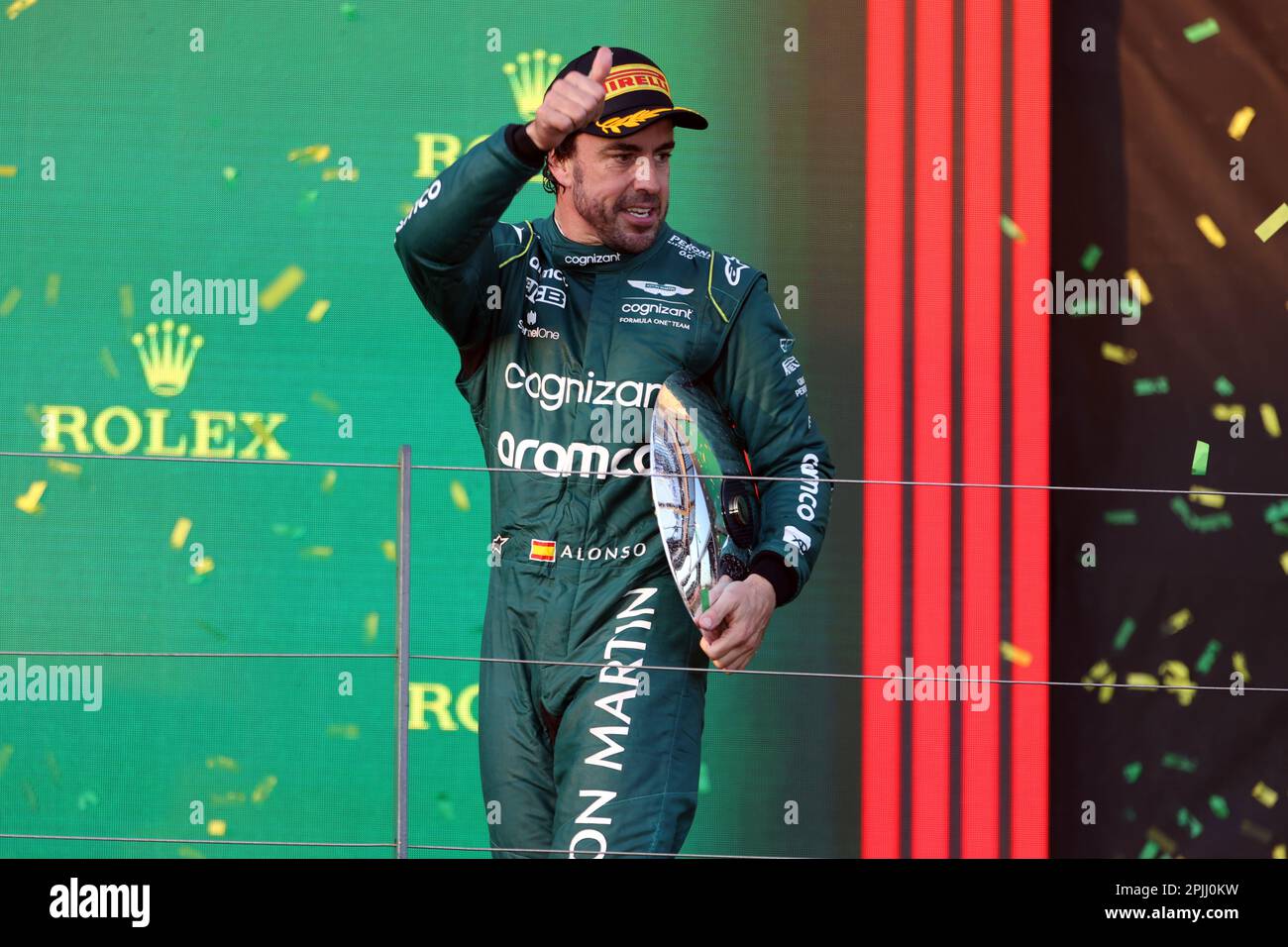 Melbourne, Australien. 03. April 2023. MELBOURNE, Australien, 2. APRIL 2023; PODIUMSFEIER,3. #14, Fernando ALONSO, ESP, Aston Martin Formel 1 Team, AUSTRALIAN Formula One Grand Prix am 2. April 2023, Albert Park - Melbourne, FIA Formula1 World Championship, Raceday, Formel 1 Rennen in Australien, Motorsport, F1 GP, Honorarpflichtiges Foto, gebührenpflichtiges Bild, Copyright © Clay CROSS/ATP images (CROSS Clay/ATP/SPP) Kredit: SPP Sport Press Photo. Alamy Live News Stockfoto