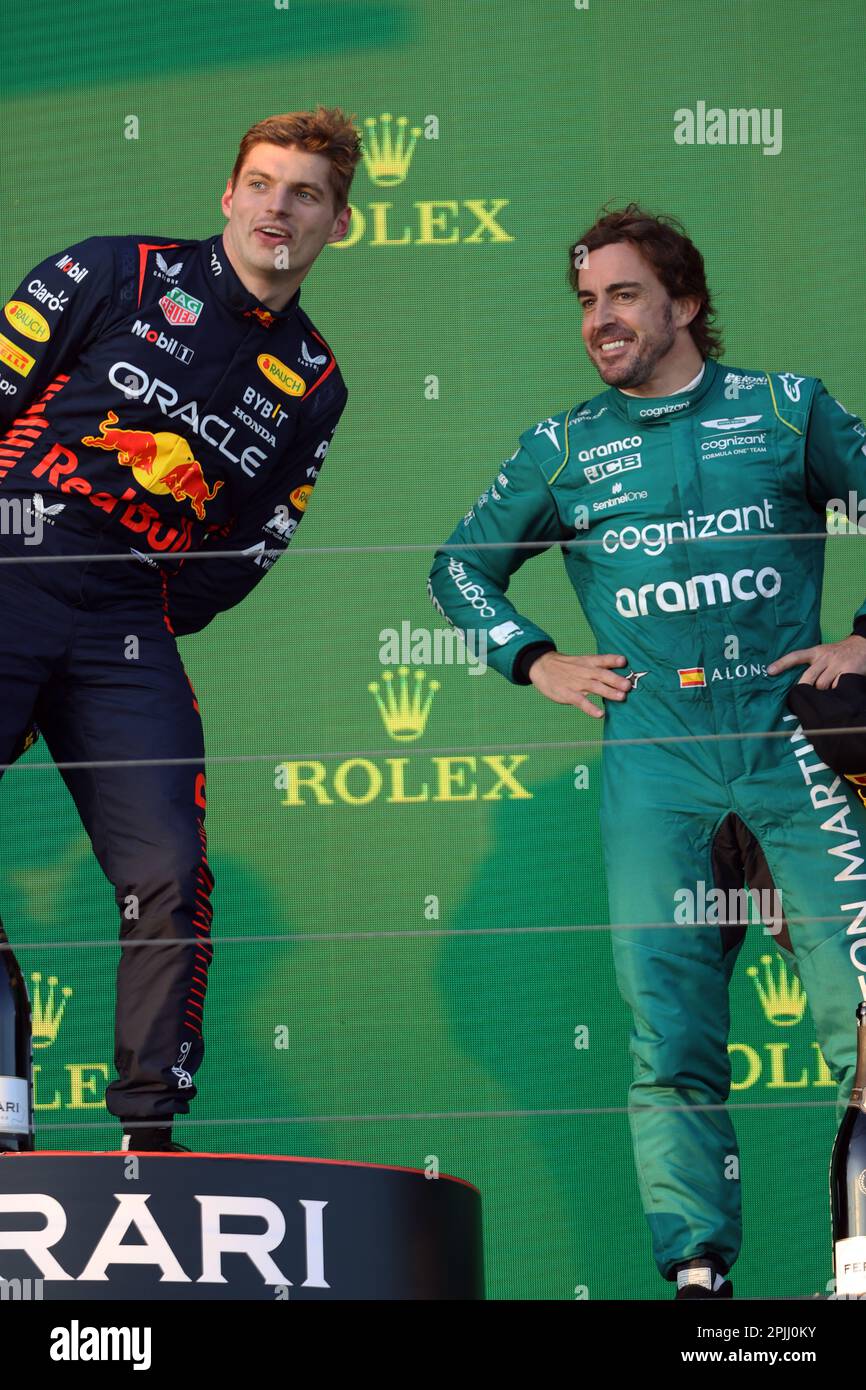 Melbourne, Australien. 03. April 2023. MELBOURNE, Australien, 2. APRIL 2023; PODIUM, Rennsieger Nr. 1, Max VERSTAPPEN, NDL, Oracle Red Bull Racing and 3. #14, Fernando ALONSO, ESP, Aston Martin Formula 1 Team, während des AUSTRALISCHEN Formel 1 Grand Prix am 2. April 2023, Albert Park - Melbourne, FIA Formula1 World Championship, Raceday, Formel 1 Rennen in Australien, Motorsport, F1 GP, Honorarpflichtiges Foto, gebührenpflichtiges Bild, Copyright © Clay CROSS/ATP images (CROSS Clay/ATP/SPP) Kredit: SPP Sport Press Photo. Alamy Live News Stockfoto