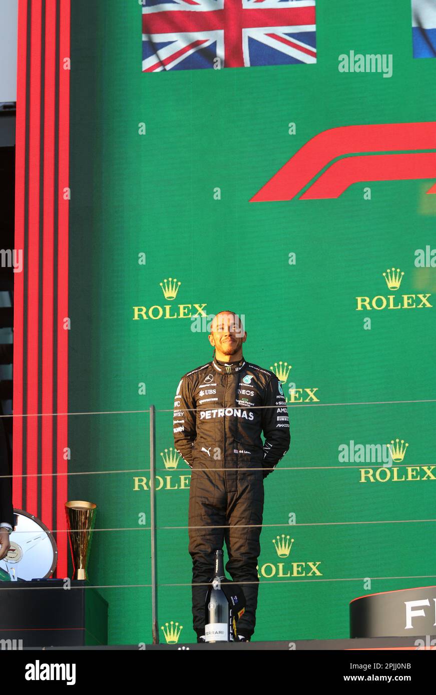 Melbourne, Australien. 03. April 2023. MELBOURNE, Australien, 2. APRIL 2023; #44, Lewis HAMILTON, GBR, Mercedes AMG F1 Team, PODIUM, Nächstplatzierter, AUSTRALIAN Formula One Grand Prix am 2. April 2023, Albert Park - Melbourne, FIA Formula1 World Championship, Raceday, Formel 1 Rennen in Australien, Motorsport, F1 GP, Honorarpflichtiges Foto, gebührenpflichtiges Bild, Copyright © Clay CROSS/ATP images (CROSS Clay/ATP/SPP) Kredit: SPP Sport Press Photo. Alamy Live News Stockfoto