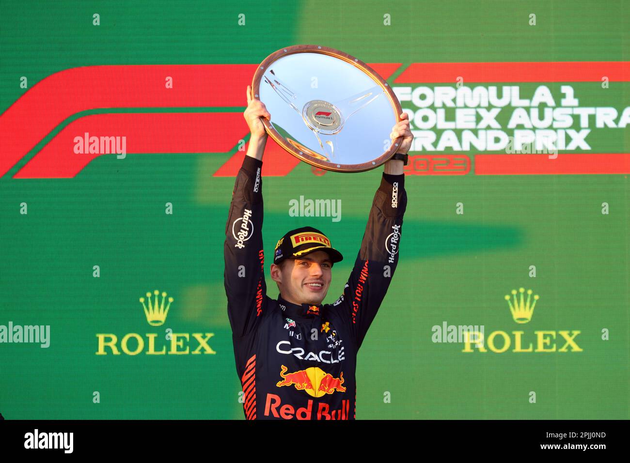 Melbourne, Australien. 03. April 2023. MELBOURNE, Australien, 2. APRIL 2023; PODIUM, Rennsieger Nr. 1, Max VERSTAPPEN, NDL, Oracle Red Bull Racing während des AUSTRALISCHEN Formel 1 Grand Prix am 2. April 2023, Albert Park - Melbourne, FIA Formula1 World Championship, Raceday, Formel 1 Rennen in Australien, Motorsport, F1 GP, Honorarpflichtiges Foto, gebührenpflichtiges Bild, Copyright © Clay CROSS/ATP images (CROSS Clay/ATP/SPP) Kredit: SPP Sport Press Photo. Alamy Live News Stockfoto