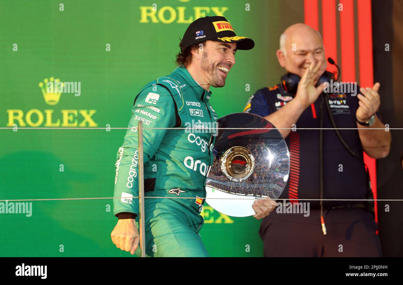 Melbourne, Australien. 03. April 2023. MELBOURNE, Australien, 2. APRIL 2023; PODIUMSFEIER #14, Fernando ALONSO, ESP, Aston Martin Formel 1 Team während des AUSTRALISCHEN Formel 1 Grand Prix am 2. April 2023, Albert Park - Melbourne, FIA Formula1 World Championship, Raceday, Formel 1 Rennen in Australien, Motorsport, F1 GP, Honorarpflichtiges Foto, gebührenpflichtiges Bild, Copyright © Clay CROSS/ATP images (CROSS Clay/ATP/SPP) Kredit: SPP Sport Press Photo. Alamy Live News Stockfoto