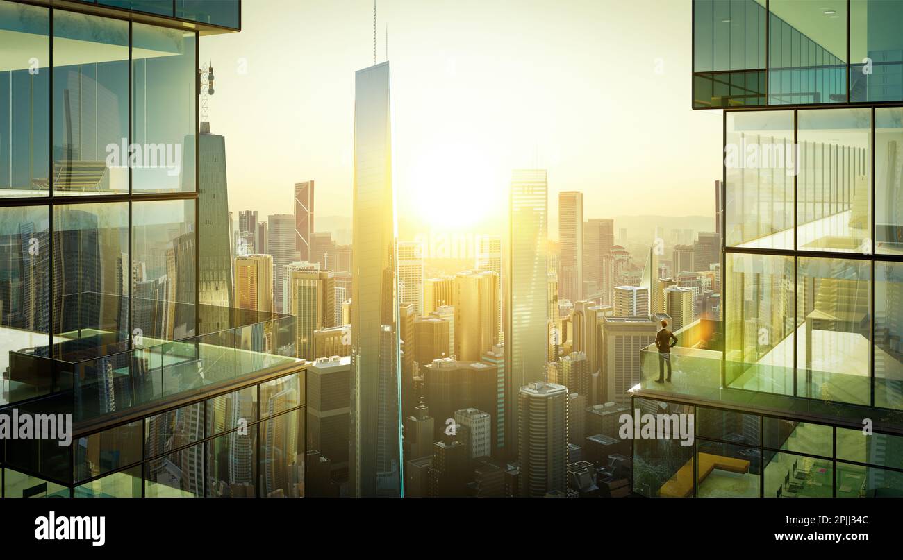 Junger Geschäftsmann steht auf dem Balkon und sieht den Sonnenaufgang der modernen Stadt. Konzept für erfolgreiche Unternehmensansprüche. 3D-Rendering Stockfoto