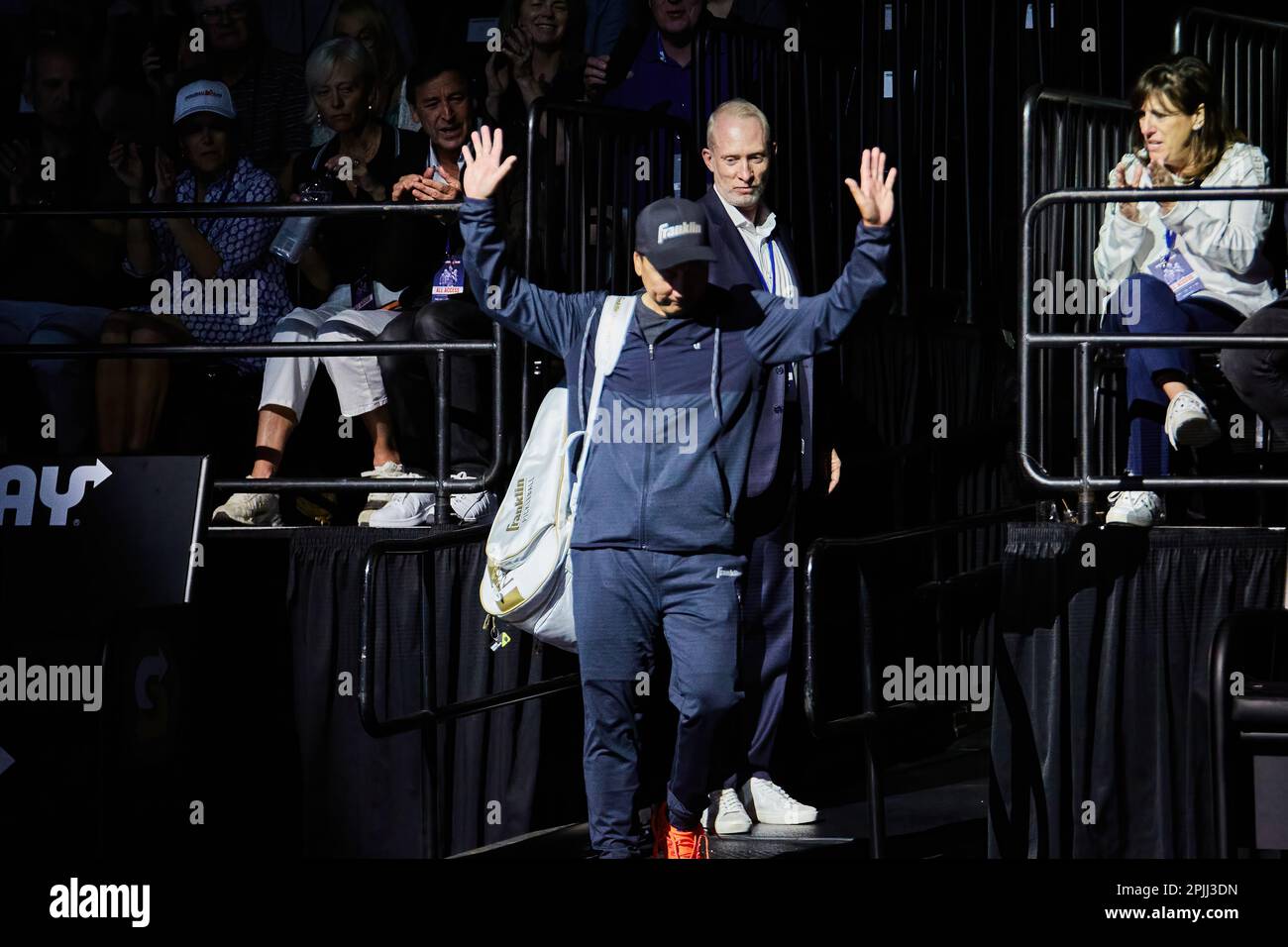 Hollywood, Florida, USA. 2. April 2023: Tennislegenden Andre Agassi, John McEnroe, Andy Roddick und Michael Chang während des Spiels in Pickleball Stockfoto