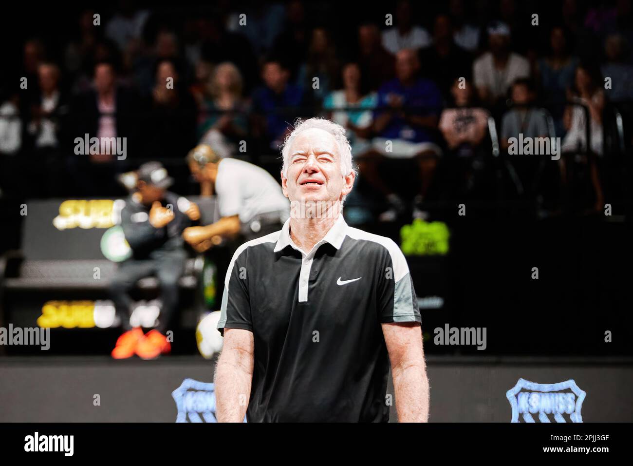 Hollywood, Florida, USA. 2. April 2023: Tennislegenden Andre Agassi, John McEnroe, Andy Roddick und Michael Chang während des Spiels in Pickleball Stockfoto
