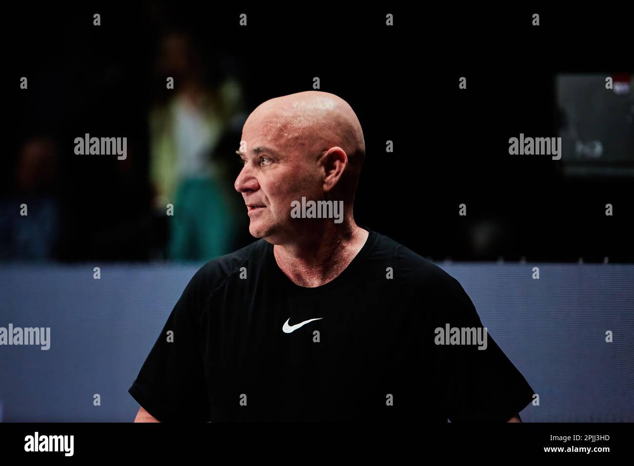 Hollywood, Florida, USA. 2. April 2023: Tennislegenden Andre Agassi, John McEnroe, Andy Roddick und Michael Chang während des Spiels in Pickleball Stockfoto