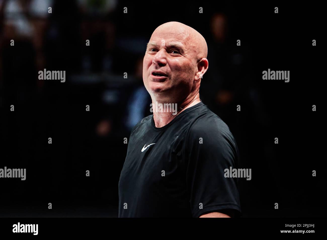 Hollywood, Florida, USA. 2. April 2023: Tennislegenden Andre Agassi, John McEnroe, Andy Roddick und Michael Chang während des Spiels in Pickleball Stockfoto