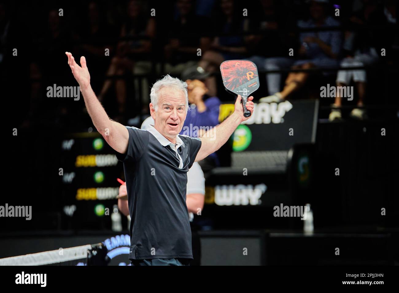 Hollywood, Florida, USA. 2. April 2023: Tennislegenden Andre Agassi, John McEnroe, Andy Roddick und Michael Chang während des Spiels in Pickleball Stockfoto