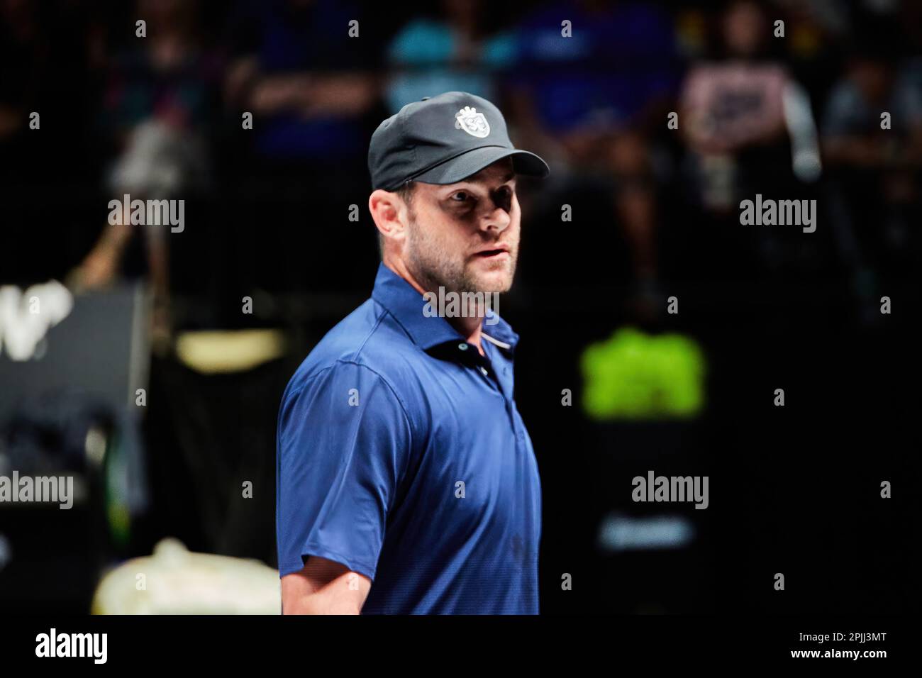 Hollywood, Florida, USA. 2. April 2023: Tennislegenden Andre Agassi, John McEnroe, Andy Roddick und Michael Chang während des Spiels in Pickleball Stockfoto