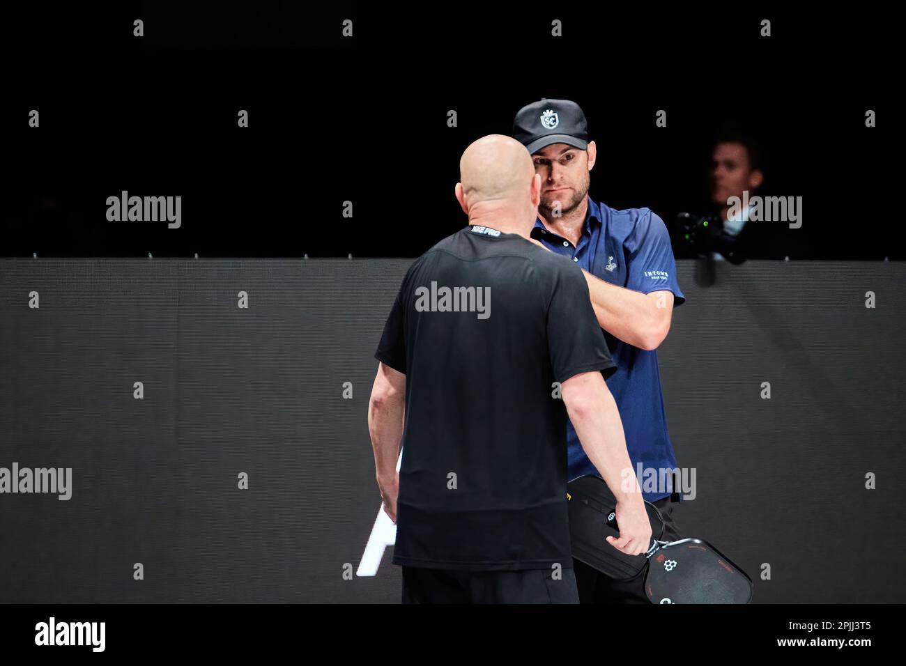 Hollywood, Florida, USA. 2. April 2023: Tennislegenden Andre Agassi, John McEnroe, Andy Roddick und Michael Chang während des Spiels in Pickleball Stockfoto