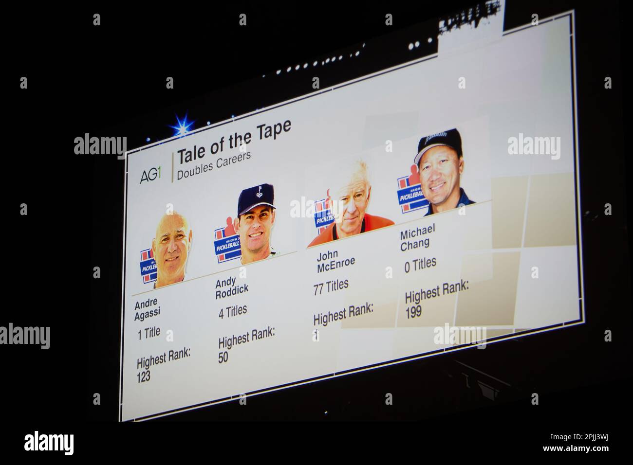 Hollywood, Florida, USA. 2. April 2023: Tennislegenden Andre Agassi, John McEnroe, Andy Roddick und Michael Chang während des Spiels in Pickleball Stockfoto