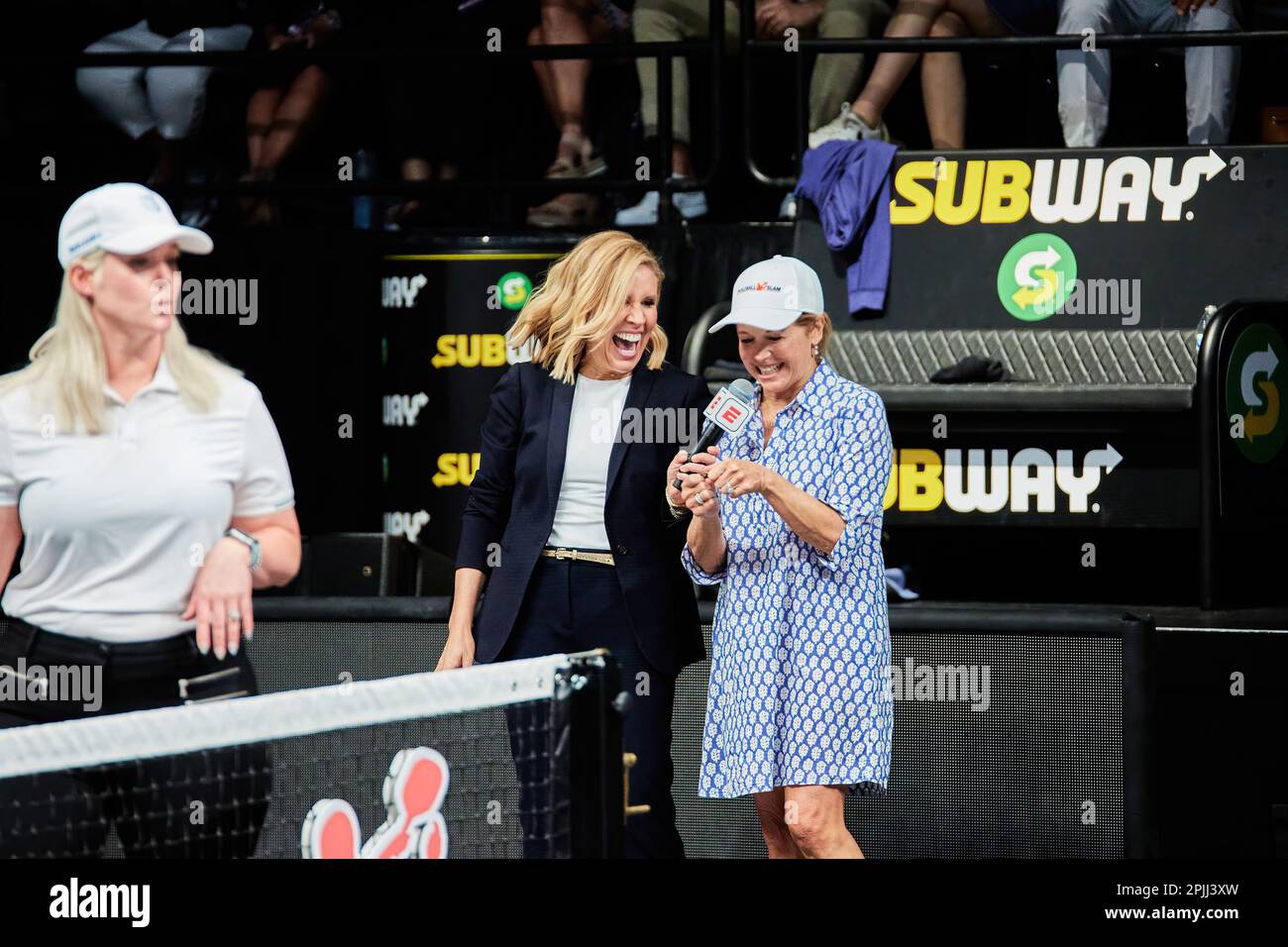 Hollywood, Florida, USA. 2. April 2023: Tennislegenden Andre Agassi, John McEnroe, Andy Roddick und Michael Chang während des Spiels in Pickleball Stockfoto
