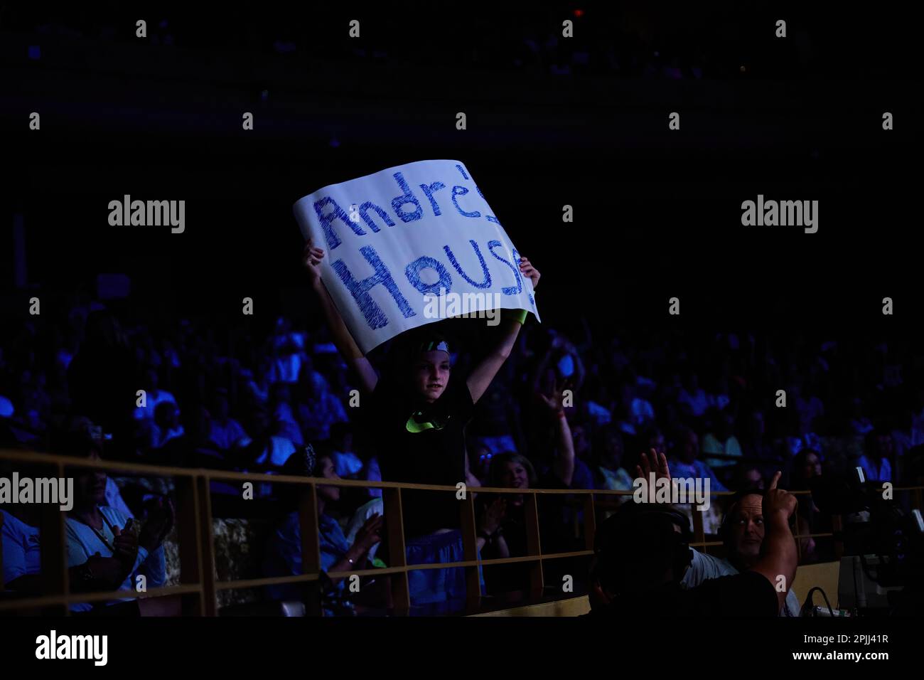 Hollywood, Florida, USA. 2. April 2023: Tennislegenden Andre Agassi, John McEnroe, Andy Roddick und Michael Chang während des Spiels in Pickleball Stockfoto