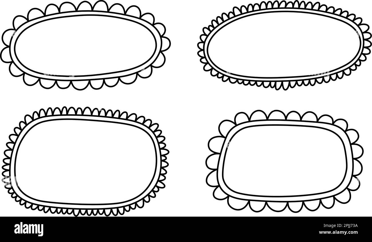Ovaler und quadratischer Muschelrahmen. Handgezeichnete Rechteck- und Ellipsenformen mit ausgekrümmten Kanten. Einfaches Etikettenformular. Rahmen aus Blumenspitze Stock Vektor