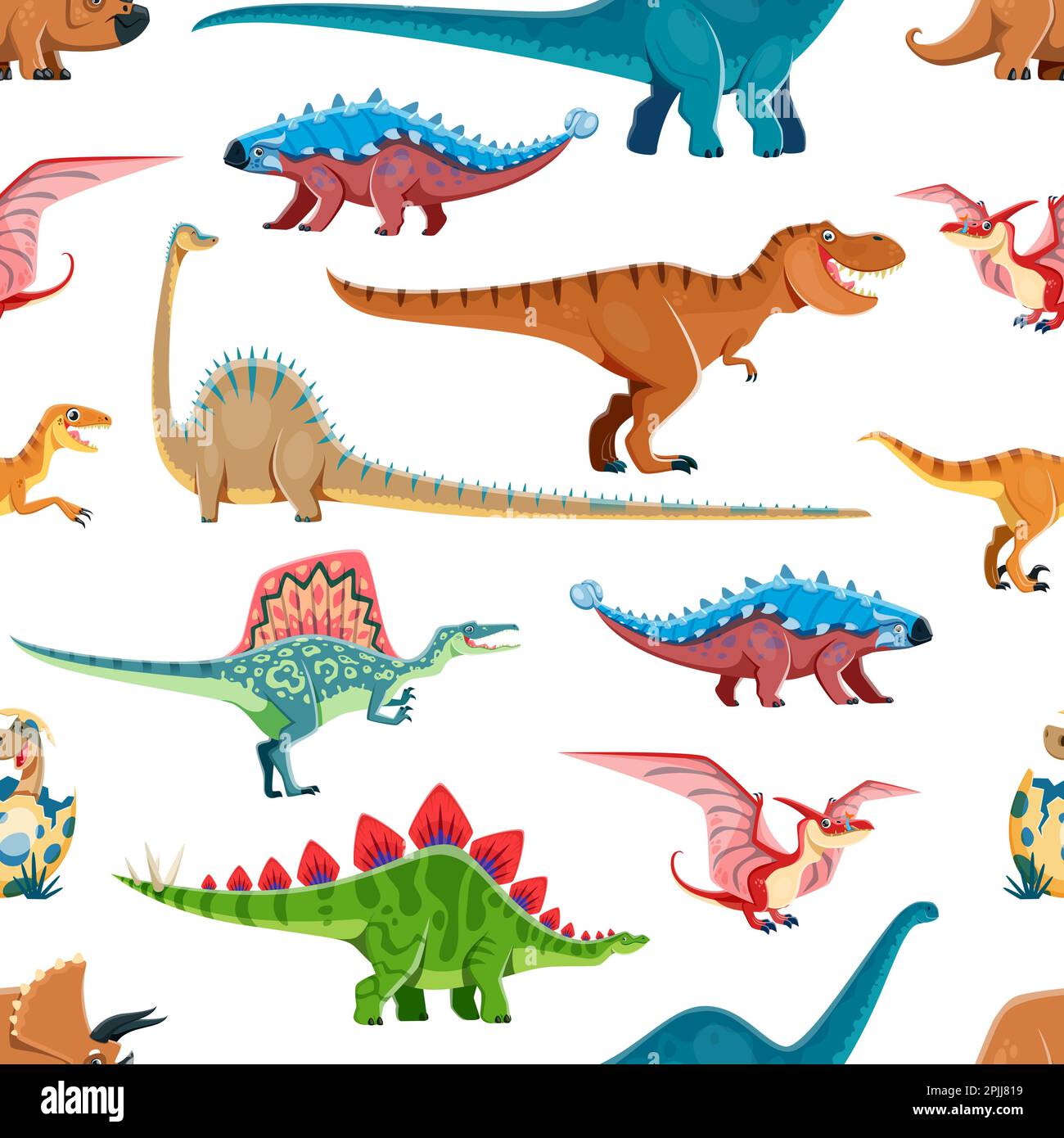 Comic-Charaktere aus Cartoon-Dinosaurier mit nahtlosem Muster. Stoffhintergrund, Textilmuster mit Triceratops, Brontosaurus, Ankylosaurus und Tyr Stock Vektor