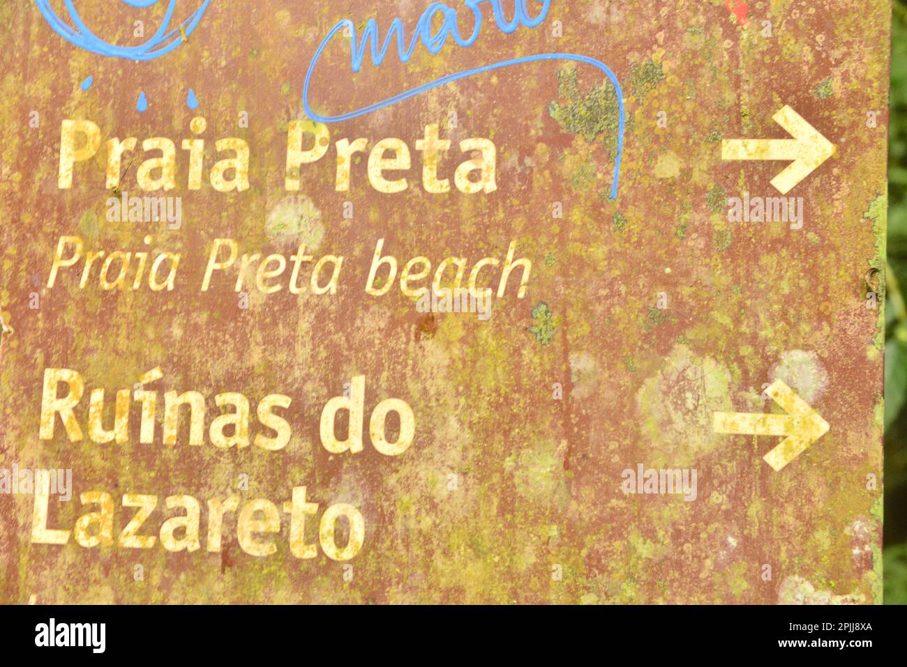 Schild an der Ilha Grande, Rio de Janeiro, Brasilien Stockfoto