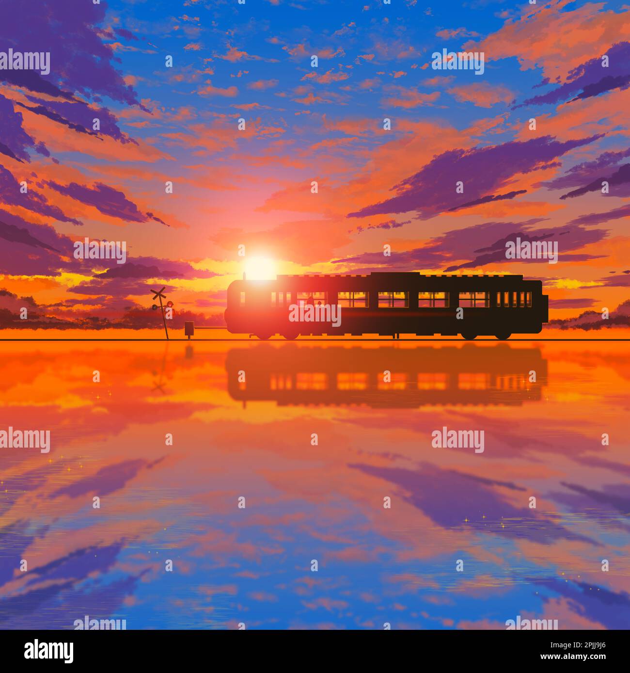 Reise Konzept Silhouette einsamer Zug am tropischen Meer mit Sonnenuntergang. Wunderschöne Landschaft, Sonnenuntergang, Hintergrund und Schwimmen auf dem Oberflächenwasser, Digita Stockfoto
