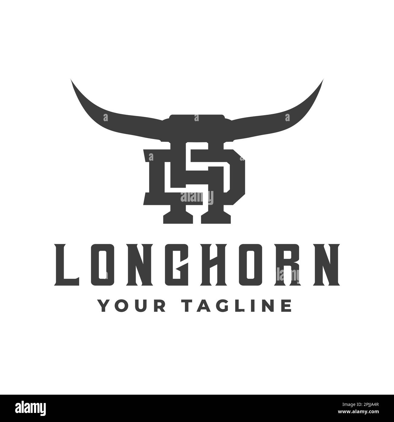 Buffalo Head Horn, Bull, Cow, Oldtimer Texas Restaurant Longhorn Logo. Buchstabe d. H. Logo des Vintage Farm Company Stock Vektor