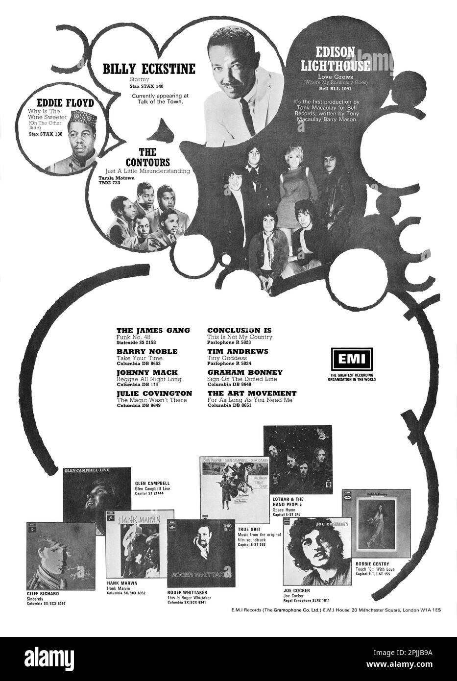 1970 im Januar veröffentlichte Werbung für EMI Records in Großbritannien. Stockfoto