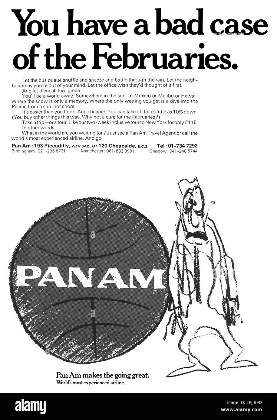 1970 britische Reisewerbung für Pan am - Pan American Airways. Stockfoto