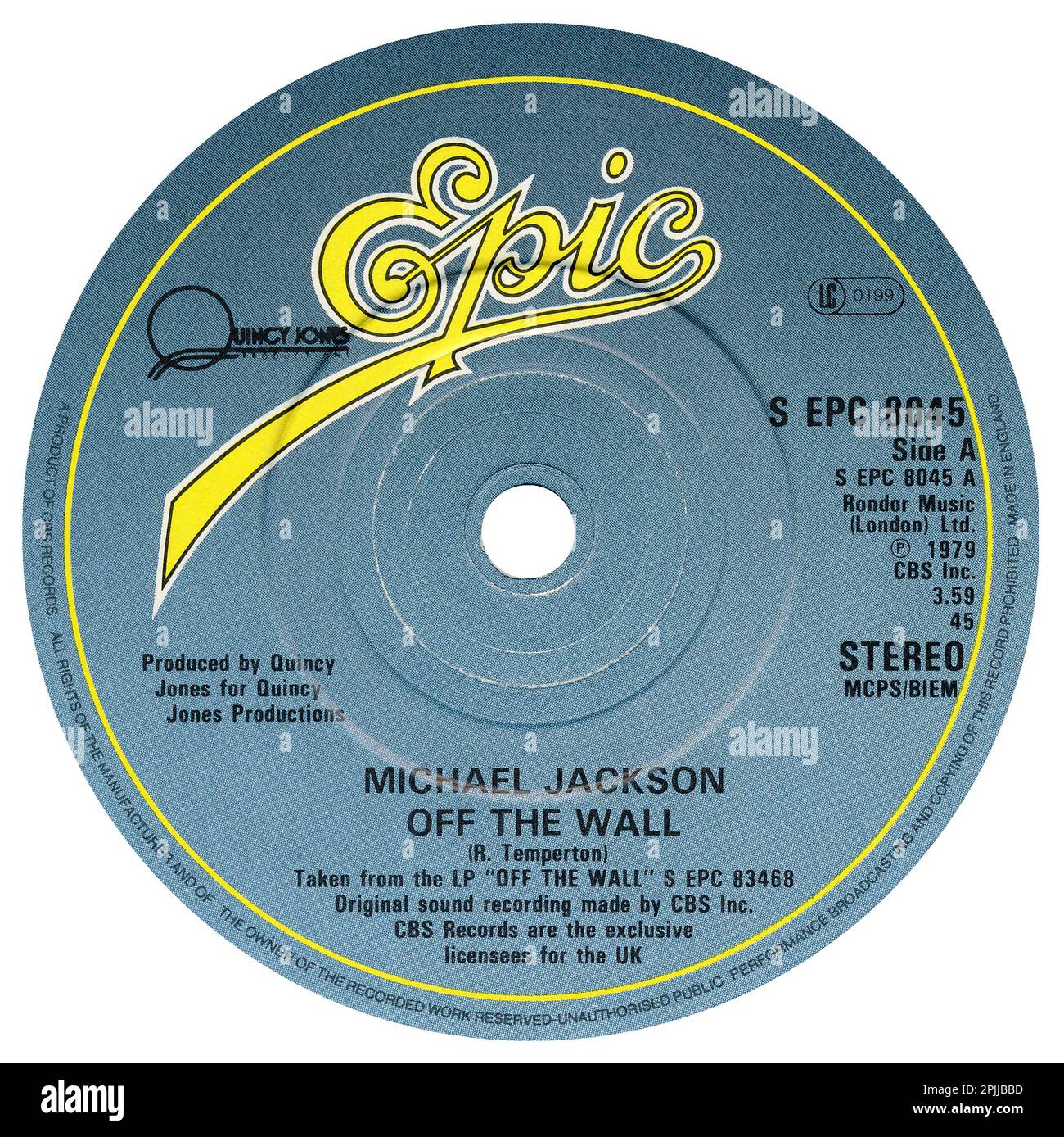 45 RPM 7' UK Pop Soul Label of Off the Wall von Michael Jackson. Geschrieben von Rod Temperton und produziert von Quincy Jones. Veröffentlicht im November 1979 auf dem „Epic“-Label. Stockfoto