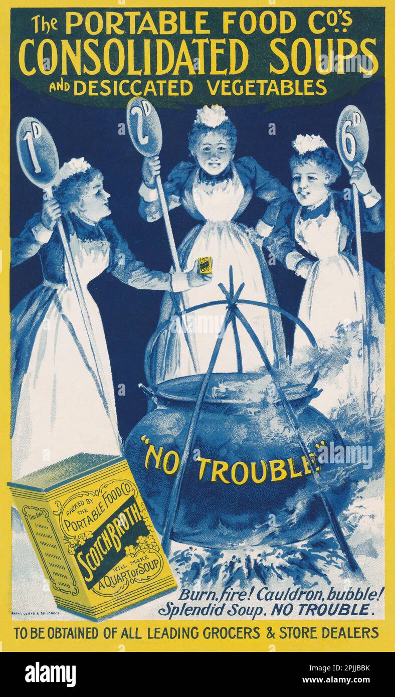 Werbetexte für Suppen aus dem viktorianischen Zeitalter der Portable Food Co Stockfoto