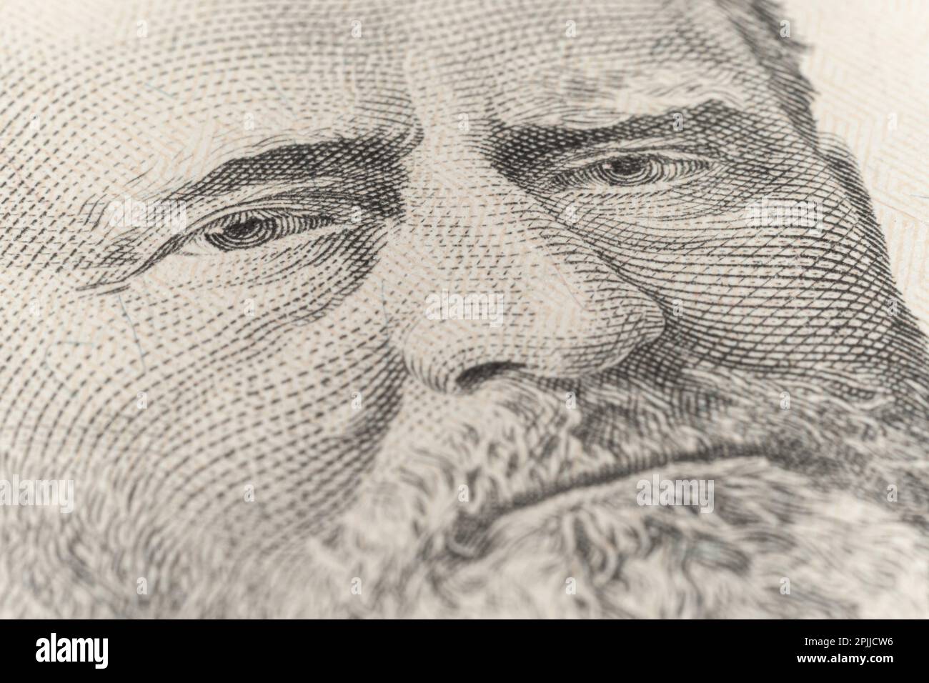 50-Dollar-Scheine-Nahaufnahme. Fragmentmakroporträt von Präsident Olysses Grant Stockfoto