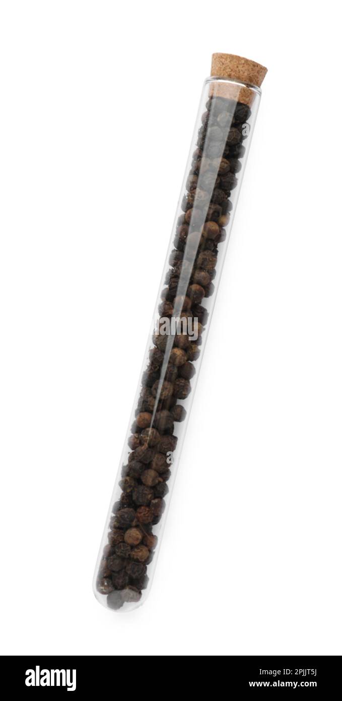 Glasröhrchen mit Pfefferkörnern auf weißem Hintergrund, Draufsicht Stockfoto