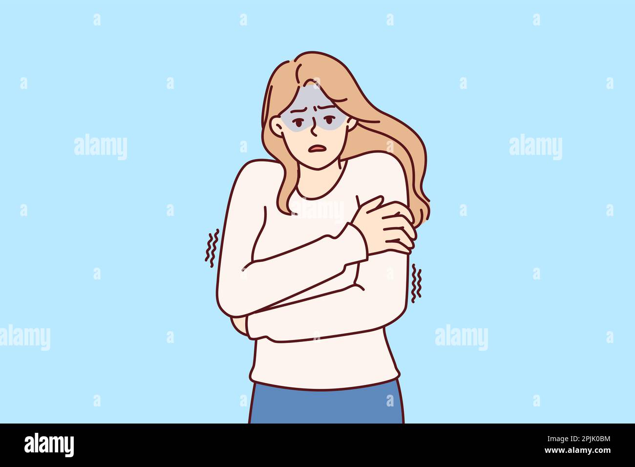 Erfrierende Frau, die Schultern umarmt, um warm zu bleiben und sich nach einer Grippeinfektion oder Fieber Schüttelfrost zu fühlen. Ein eiskaltes Mädchen im Pullover träumt von einem warmen Haus, um auf kaltes Wetter zu warten Stock Vektor