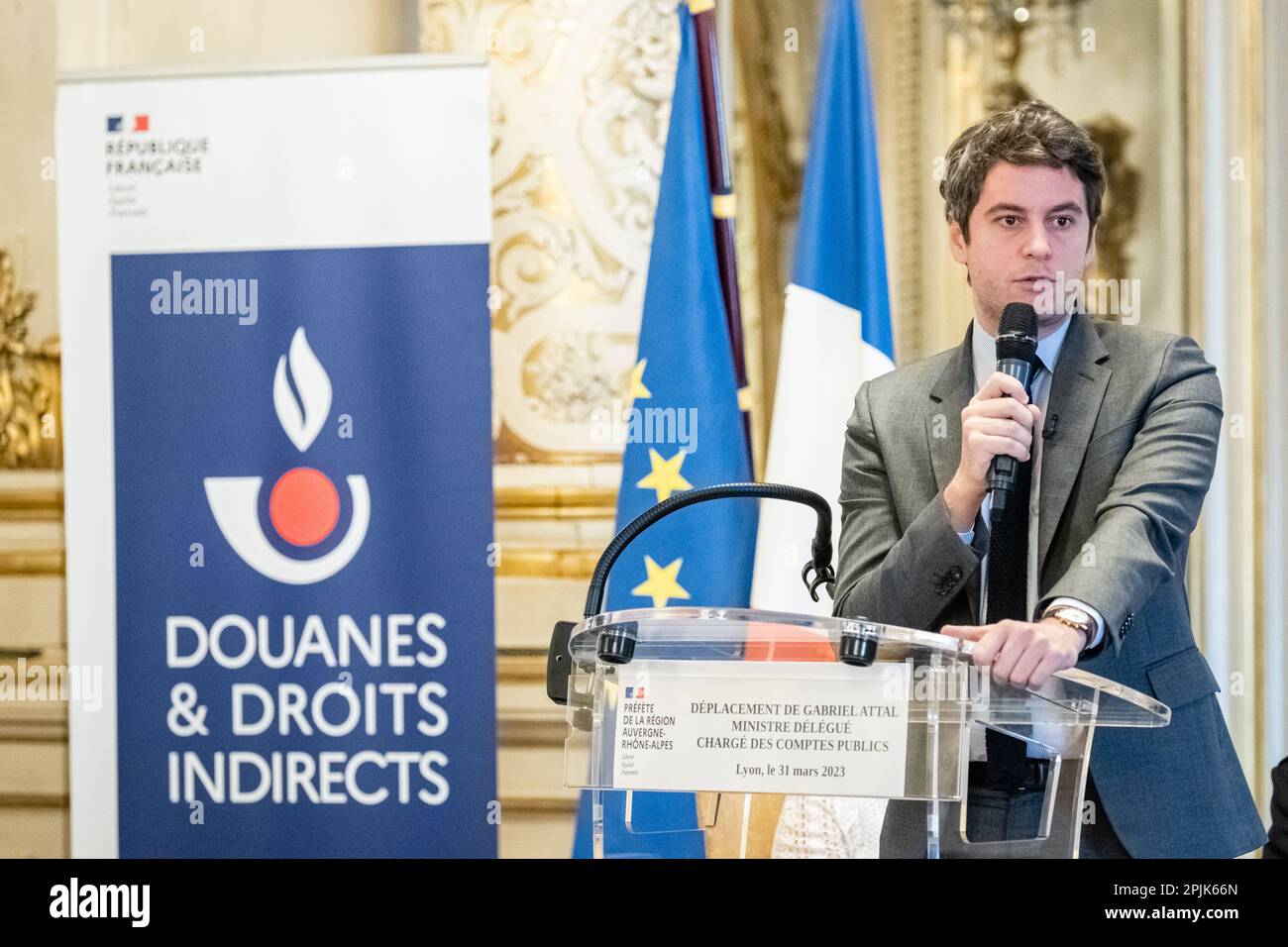 Frankreich, Lyon, 2023-03-31. Gabriel Attal, Minister für öffentliche Finanzen, besuchte die Präfektur Rhone. Stockfoto