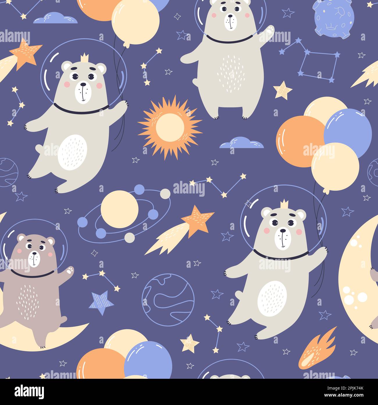 Süßes, nahtloses Muster. Astronautenbären mit Ballons, Sternen und Meteoriten auf dunkelblauem Hintergrund. Vektordarstellung für Kinderkollektion, des Stock Vektor