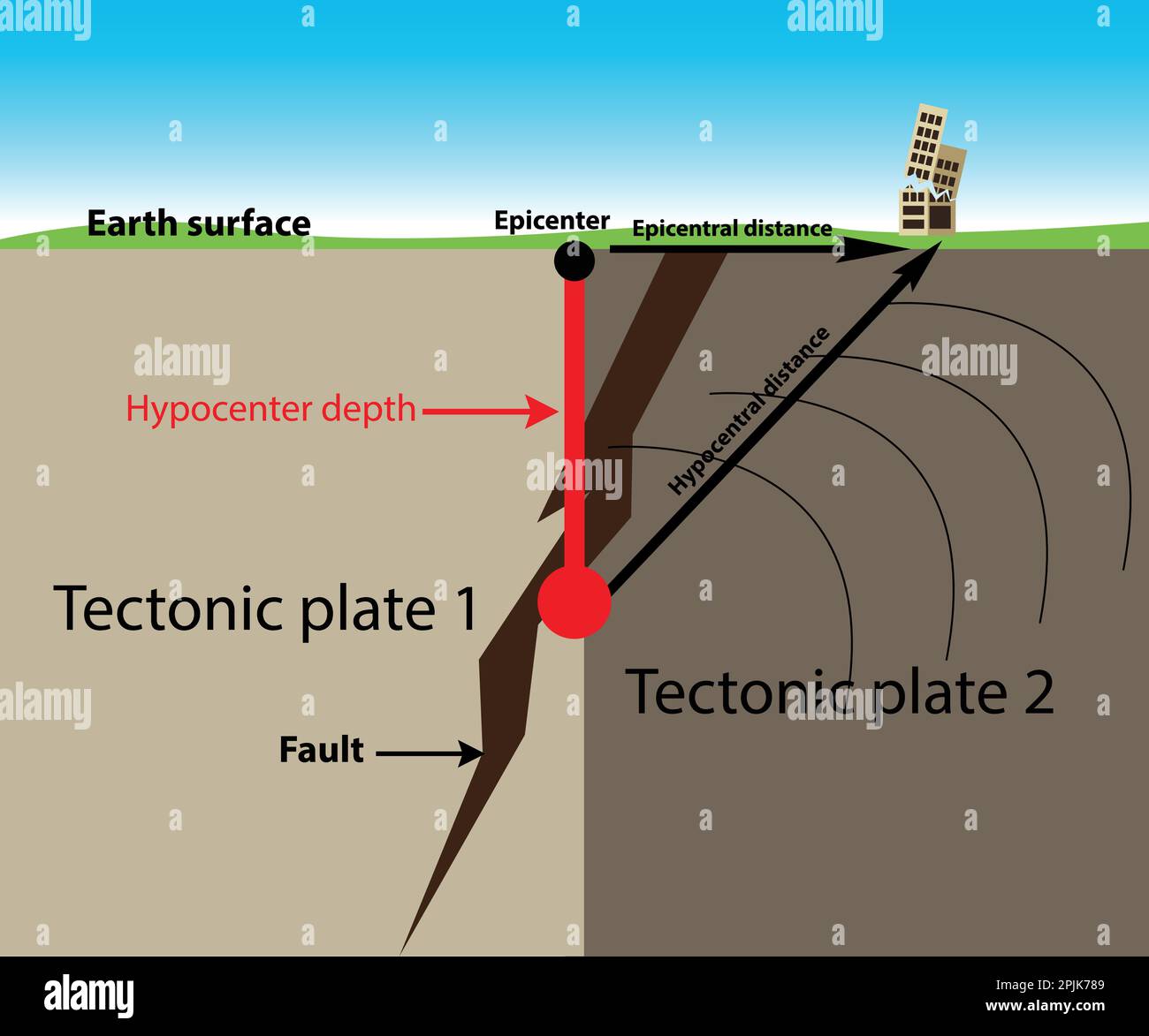 Seismischer Aktivitätsvektor mit tektonischen Platten, Fault und Epizentrum Stock Vektor
