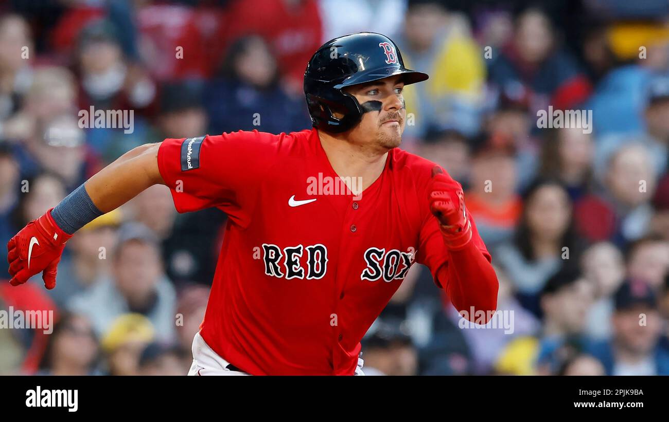 Boston Red Sox's Reese McGuire plays against the Baltimore Orioles during the sixth inning of a baseball game, Saturday, April 1, 2023, in Boston. (AP Photo/Michael Dwyer) Stockfoto