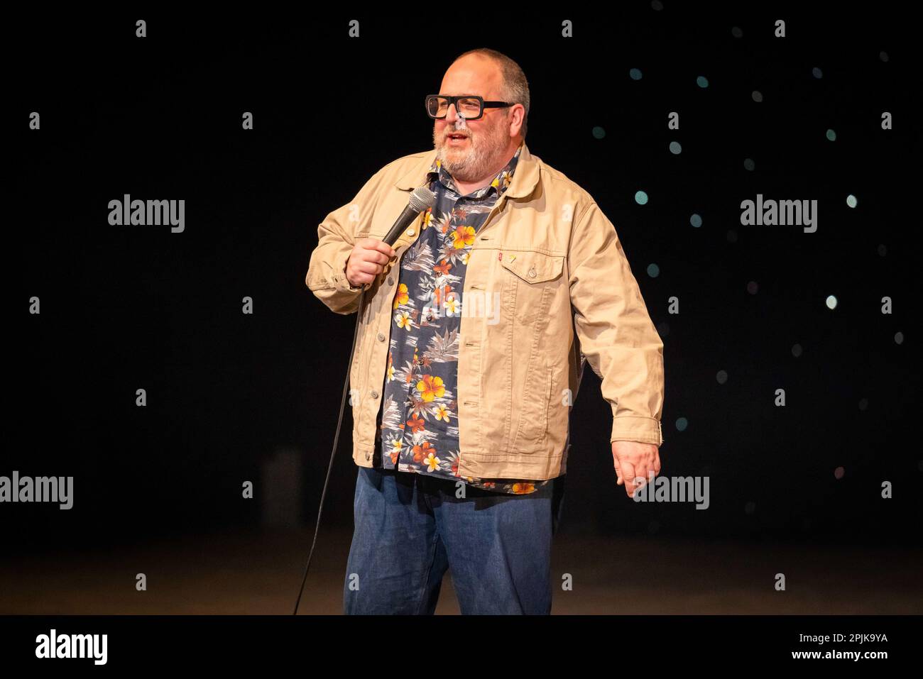 Oldham Coliseum Theatre letzte Vorstellung - 31. März 2023. Komiker Justin Moorhouse. Stockfoto