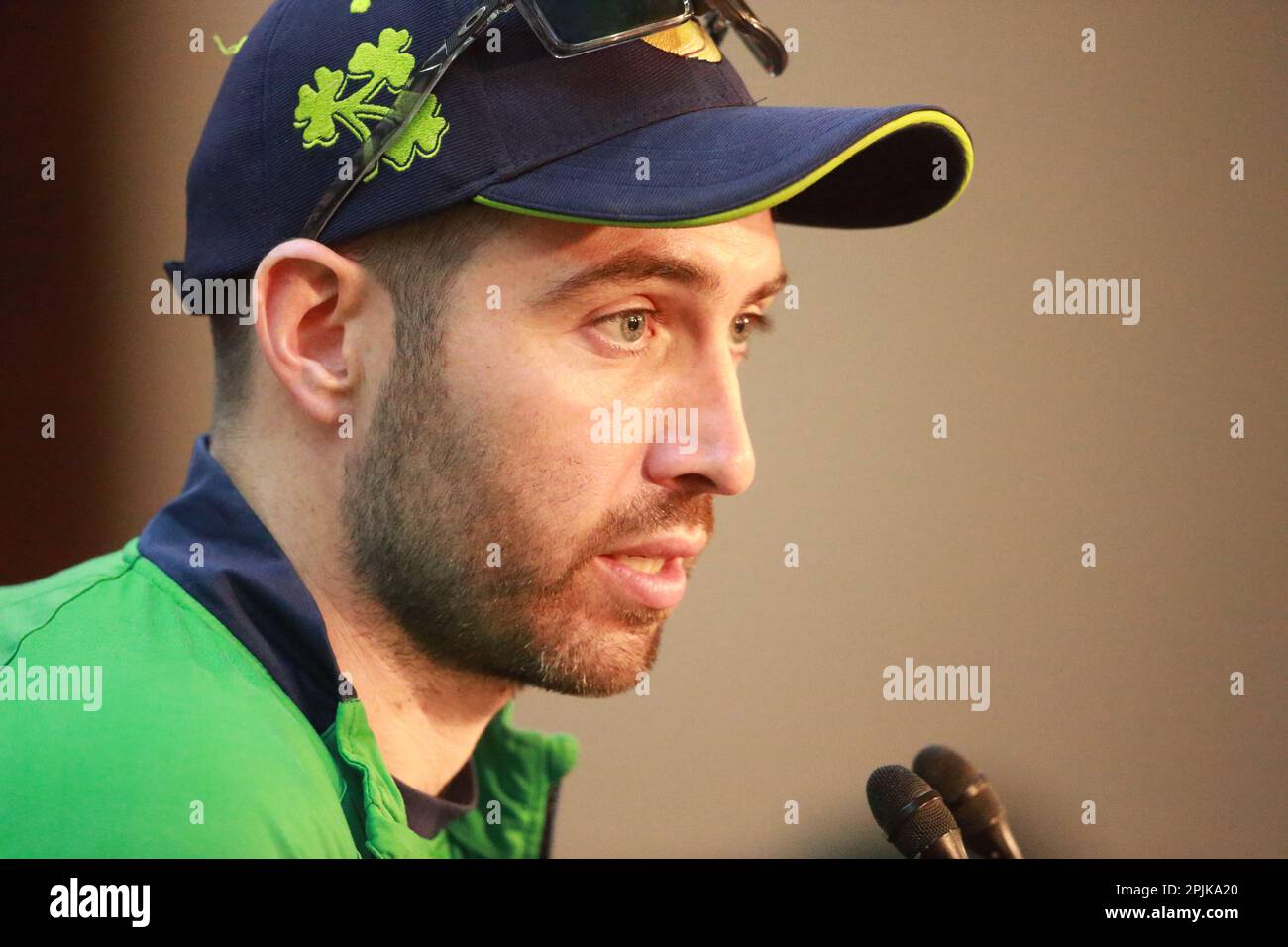 Captain Andrew Balbirnie, Testteam Irland, nimmt an der Pressekonferenz vor dem Spiel Teil, bevor sie allein gegen Bangladesch in Sher-e-BanglaNatio antreten Stockfoto