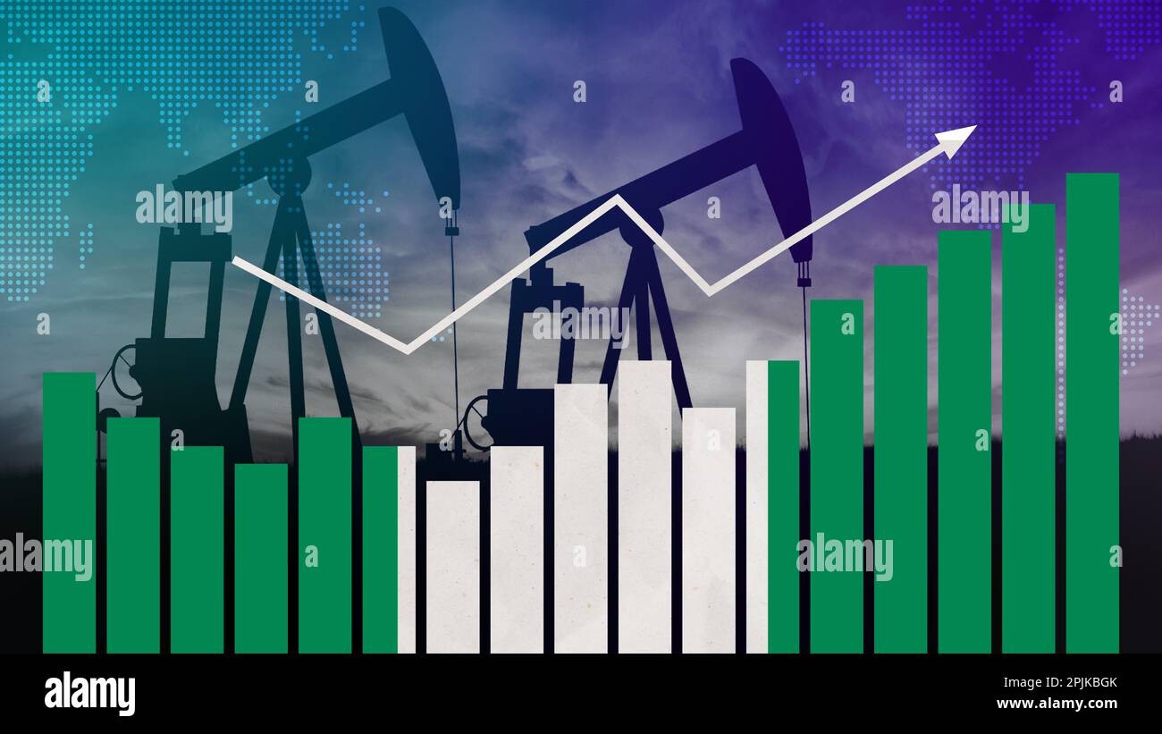 Konzept der nigerianischen Ölindustrie. Wirtschaftskrise, Preiserhöhungen, Treibstoffausfall. Ölquellen, Börse, Devisenwirtschaft und Handel, Ölförderung Stockfoto