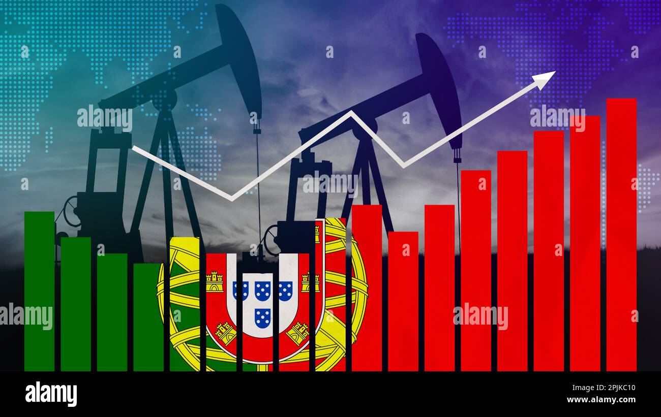 Portugiesisches Konzept der Ölindustrie. Wirtschaftskrise, Preiserhöhungen, Treibstoffausfall. Ölquellen, Börse, Devisenwirtschaft und Handel, Ölförderung Stockfoto