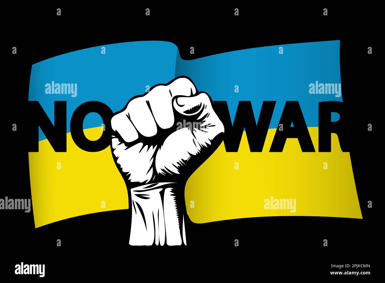 Kein Krieg Ukraine Vektor-Symbol. Raised Fist No war Schriftzug in blau und gelb ukrainischen Nationalfarben. Unterstützung Ukraine Vektor Illustration Hand gezeichnet. Stockfoto