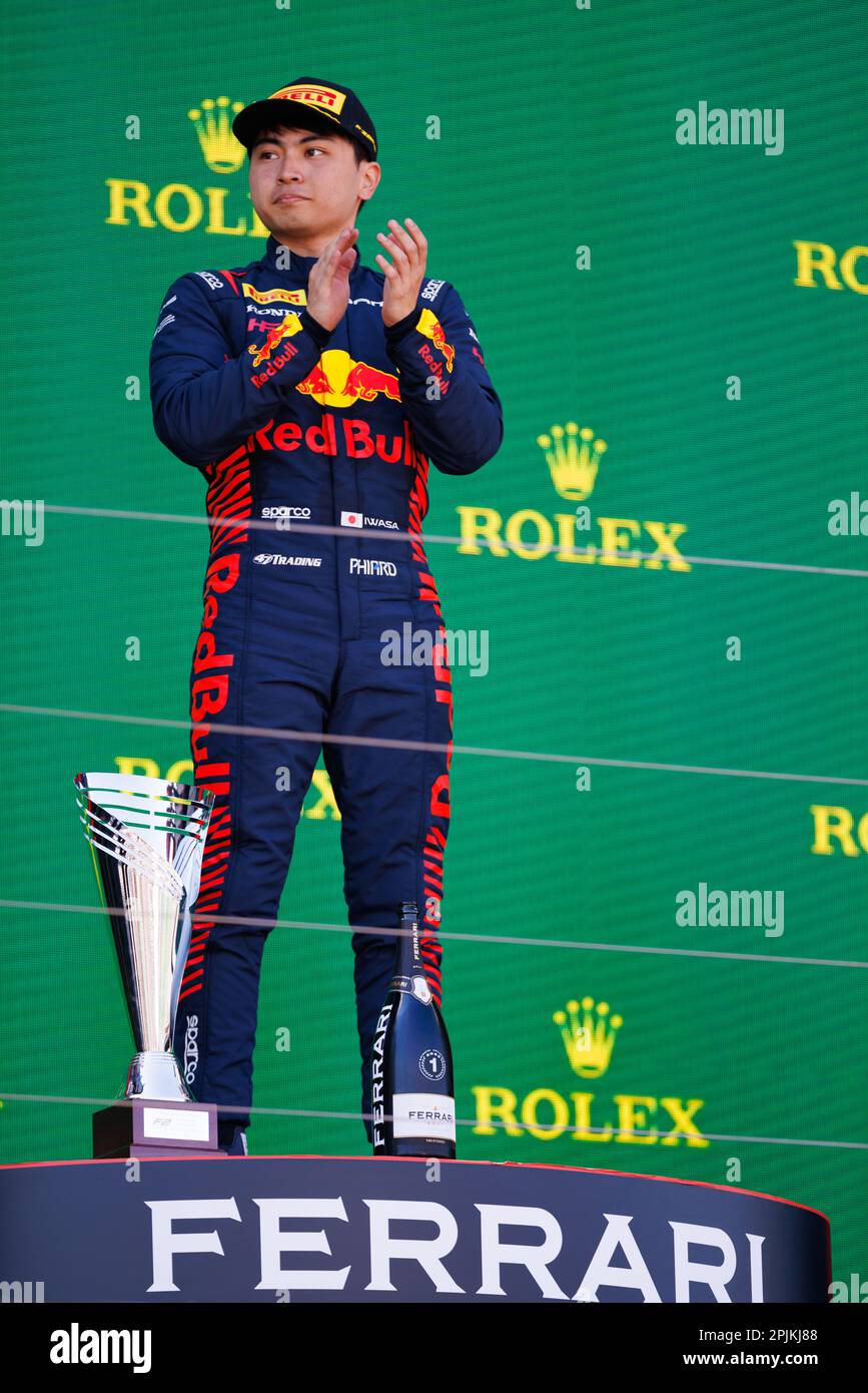 Albert Park, 2. April 2023 Red Bull Fahrer Ayumu Iwasa gewinnt die australische Runde der Meisterschaft F2. Corleve/Alamy Live News Stockfoto
